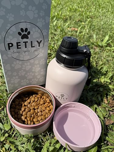 PETLY Bottiglia Portatile per Animali da Viaggio, Per Cani da Viaggio, Borraccia per Acqua e Cibo, Bottiglia da Viaggio con Doppio Scomparto Acqua e Cibo 1000 ml (Rose, L)