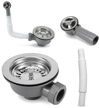 Kitchen Sink Waste Kit with Overflow Pipes,for Sink Hole Size 83-90mm | Thickened Design,114mm Basket Strainer Stainless Steel Sink Waste Kit,(Round Interface),Home Hotel Shopping Mall