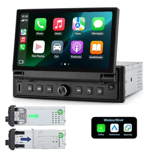 YZKONG 1 DIN Autoradio mit 6,8 Zoll ausfahrbarem Touchscreen, Linux System, Wireless CarPlay Android Auto, Bluetooth FM USB AUX, Mirror Link