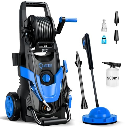 LANCHEZ Hochdruckreiniger 180 bar max Druck, Fördermenge 480 l/h, 7-in-1-Zubehör Kit (500ml Schaumsprüher, Schnellkupplungen, Schnellanschlussdüsen, Terrassenbürste) für Auto, Terrasse, Blau