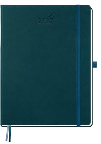 BEZEND Kalender 2027 Buchkalender 1 Woche 2 Seiten A4 (28,5 x 22 cm) | 12 Monate Kalender (Jan - Dez 2027), PU-Leder Hardcover, 100 GSM Papier, Dunkelgrün