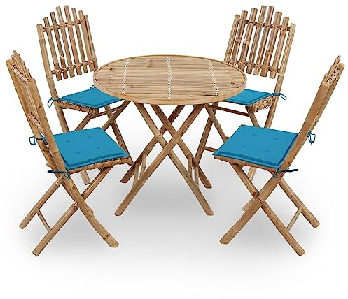 Umbrale 5-TLG. Garten-Essgruppe Bambus klappbar mit Kissen blau, wetterbeständig, platzsparend, ideal für Balkonset, Outdoor und Garten, Terrassenmöbel, Gartenmöbel Holz, Gartengarnitur
