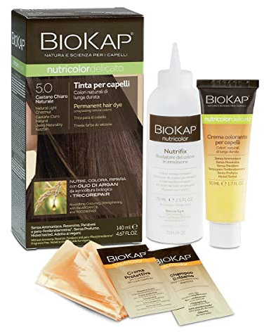 BIOKAP Nutricolor Delicato, Tinta capelli senza ammoniaca che rende i capelli morbidi e lucenti, Colorazione capelli con colori naturali, 140 ml (5.0 Castano Chiaro Naturale)