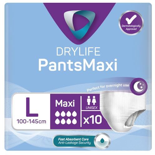 Drylife Pants Disposable Pull-Up Unisex Incontinence Pants | 3000ml Absorbency, Overnight Protection, Dry Feel Technology Anti-Leak Security, Breathable Material (L (Pack of 10), Maxi)