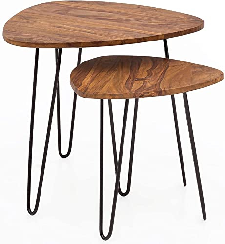 Wohnling Design Satztisch WL5.659 Sheesham Metall Beistelltisch 2er Set Klein, Couchtisch Set 2 Holz Tische, Massivholz Wohnzimmertisch Metallgestell, Schmaler Sofatisch Ablagetisch