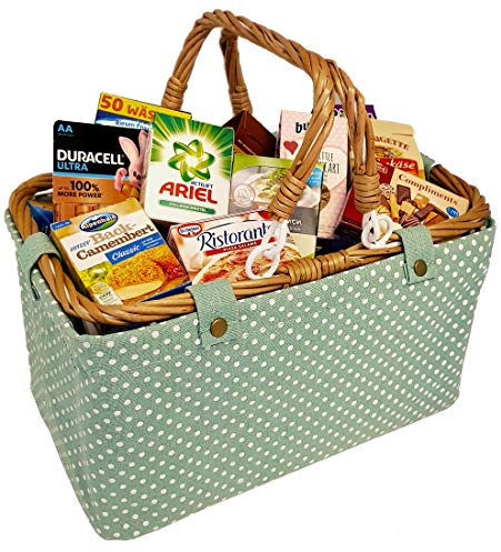 tanner DER KLEINE KAUFMANN TANNER Deco - Einkaufskorb, Mint, Stoffkorb mit Punkten und Inhalt, Zubehör für Kaufmannsladen, lebensmittelechtes Design, 4015.9