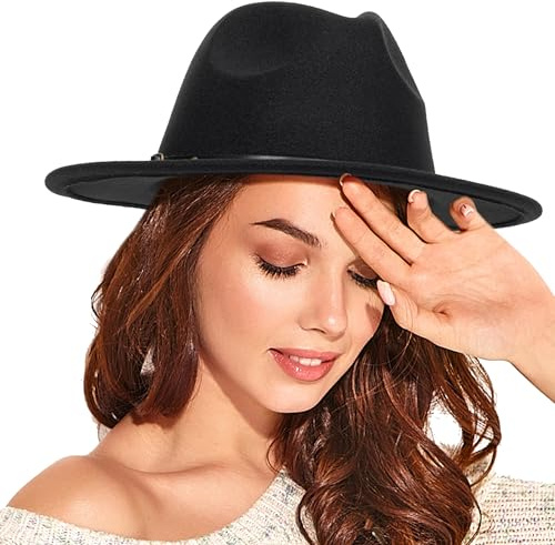 Cappello Fedora da Donna in Feltro, Cappello Classico con Tesa Larga e Fibbia per Cintura (Circonferenza della Testa da 57 cm a 58 cm), Nero con Cintura Nera, M/L