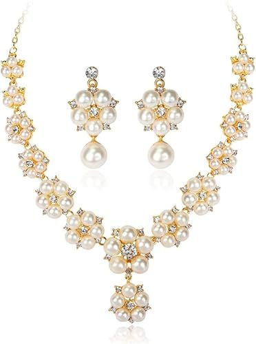 TOFBS Pearl Necklace Earrings Jewellery Set for Women Girls Bridal Jewelry Set Pearl Choker Set Weddings Party Birthday Anniversary Christmas Mothers Day Valentine's Day Gifts (#6)
