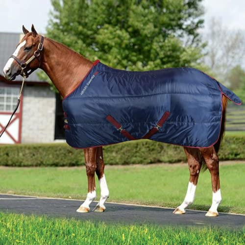 Horses, Stalldecke Essential 350gr, Hervorragend Verarbeitete Decke, Nützlich zum Schutz des Pferdes vor Temperaturschwankungen und Insekten (145 cm, Blau/Bordeaux)