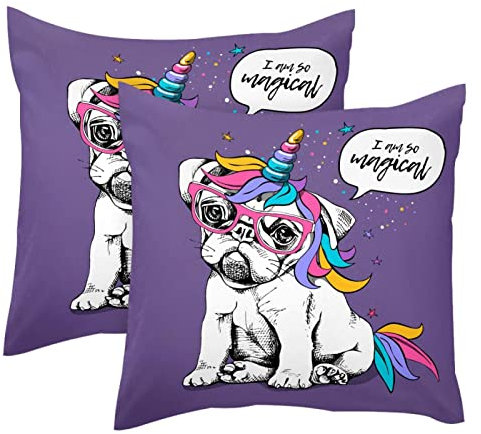 Einhorn-Welpen-Bulldogge mit buntem Schwanz, 2 Stück, weicher Samt-Kissenbezug, moderne dekorative doppelseitige Designs, Kissenbezug, 50 x 50 cm (Kissen nicht im Lieferumfang enthalten)