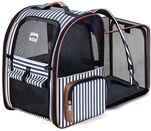 Lekespring Erweiterbar Katzenrucksack Hunderucksack für Katzen Hunde bis 8kg, Groß Katzen Rucksack Faltbare Haustier Rucksack mit Innerer Sicherheitsleine und Haustiermatte, Blau Gestreift