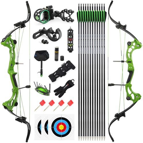 SHARROW Bogenschießen Compoundbogen Set Recurve Bogen und Pfeile Set Jagdbogen 40-55lbs Einstellbar IBO 320FPS Angelbogen für das Schießen im Freien (Grün/Typ 1)