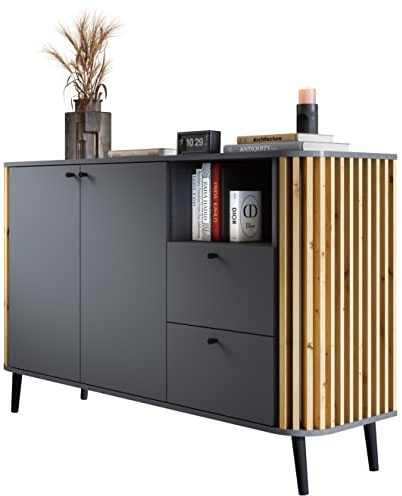 Newroom Sideboard Wildeiche Grau Sideboard Modern Elegant - 138x88x40 cm (BxHxT) - Highboard Anrichte - [Zak.Two] Wohnzimmer Schlafzimmer Flur Esszimmer