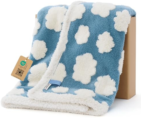 LE SURE Waterproof Puppy Blanket for Small Dogs - Washable Double Sided Dog Blankets with Warm Jacquard Shag and Soft Sherpa Fleece, Pet Cat Blanket for Couch Protection, 3D Textured Cloud, Blue