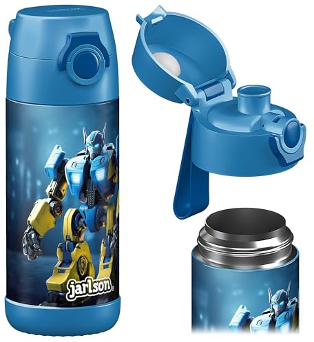 Jarlson® Trinkflasche Kinder Edelstahl MALI [THERMOSFLASCHE] - Kindertrinkflasche Auslaufsicher - Thermoskanne Kohlensäure geeignet - Thermo Trink Flasche für Schule & Kindergarten (350ml, Roboter)