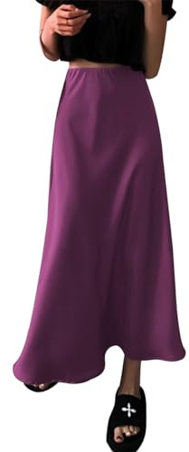 Odizli Gonna in raso da donna, lunga, elegante, estiva, a vita alta, Lilla, XL