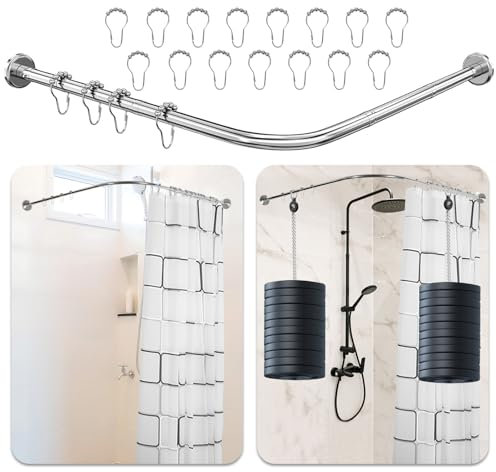 MYOYAY Duschvorhangstange Verstellbare L Form inkl. 18 Ringe Dusche, 90-130cm Einstellbare Dusche Vorhangstange Ecke mit Duschvorhänge, Edelstahl Duschvorhangwinkelstangen Erweiterbar Badewanne