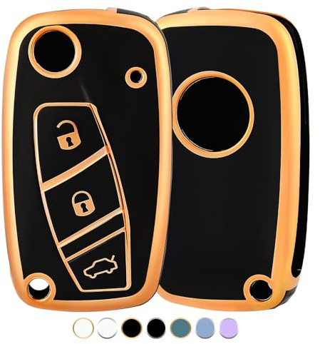 OFF WE GO Autoschlüssel Hülle Schlüsselhülle Cover für FIAT Bravo Doblo Ducate Panda Grande Punto Stilo Ulysse Fiorino Idea Qubo Schlüsselcover 3 Tasten Schlüssel Schutz Gehäuse, Schwarz Gold