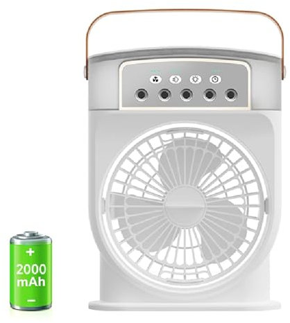 Ventilateur de bureau rechargeable, ventilateur brumisateur avec sortie à 5 trous, brumisateur à 3 vitesses, veilleuse 7 couleurs, 3 vitesses réglables, fonction minuterie de 3 heures, réservoir d'eau