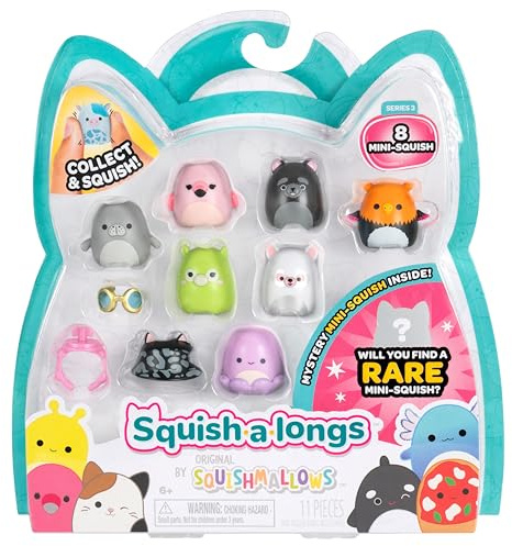 Squish-a-longs Mini-Squish - Confezione da 8 (onda 3, stile 3) - fenicottero rosa, grifone, polpo, lemura, Cairn Terrier, lama verde, lamantino e un misterioso mini-squish