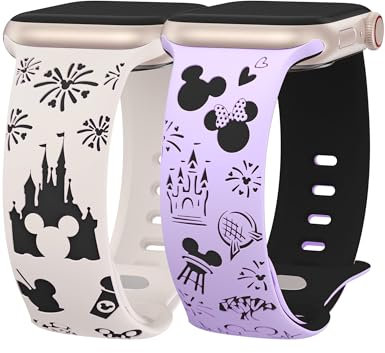 BEEXI 2 Packs Cartoon Engraved Compatible with Apple Watch Strap 41/40/38mm/42mm Women,Two-Tone Cute Soft Silicone Sport Strap for iWatch Series 11 10 9 8 7 6 5 4 3 SE(3 2 1), Starlight&Lavender