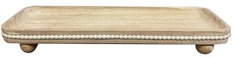 Dwellington Oval Wooden Decorative Tray, Farmhouse Style, Beaded Serving Tray for Living Room, Coffee Table (White Wash)