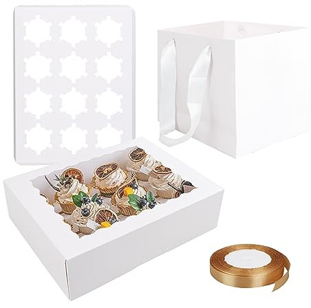 ZOFUN 18 Pcs 12 Hole Cupcake Boxes, 32 x 25 x 9 cm Cupcake Box with 6 Pcs Paper Bags & Ribbon, White Cup Cake Boxes with Inserts & Clear Window for Muffins Cupcakes Gifts Disply