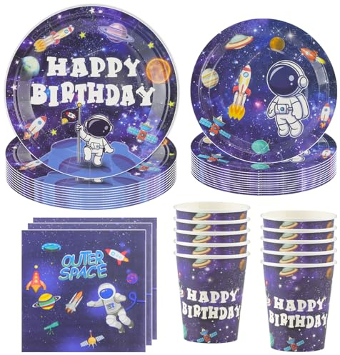 Hmfmdy Weltraum Partygeschirr Set, 50 Stück Astronaut Party Deko, Weltraum Raketen Geburtstag Geschirr Kit Mit Pappteller Becher Servietten, Party Geschirr Supplies für 10 Gäste