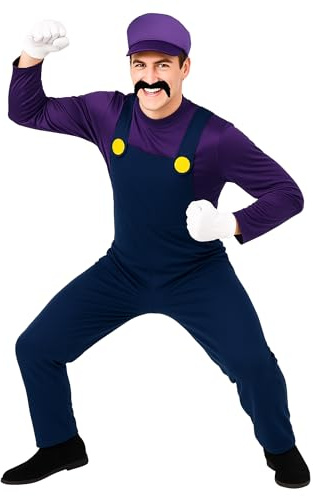 Morph Herr rörmokarkostym, lila rörmokare bror kostym män, halloween kostymer för män, Lila, L