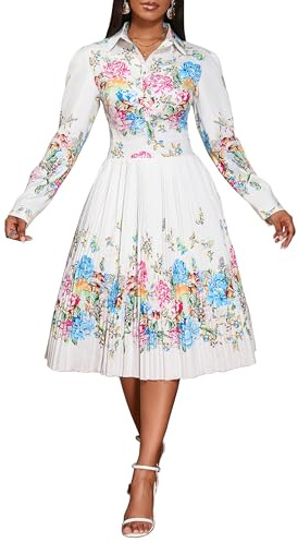VERWIN Lapel Three-Quarter Sleeve Knee Length Pleated Floral Women's Sheath Dress…