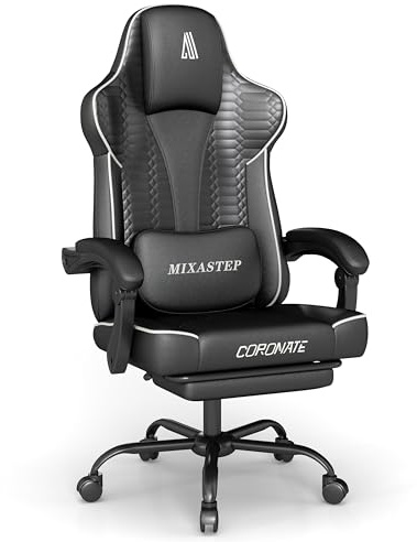 NSMAZXO Gaming Stuhl ergonomisch, Bürostuhl mit Fußstütze, höhenverstellbar & wippbar, extra breites Sitzkissen (51 cm), ergonomische Lendenstütze, belastbar bis 150 kg