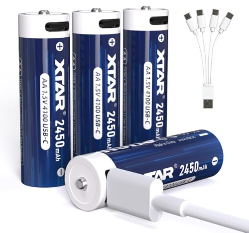 XTAR wiederaufladbare 1,5V AA Akkus mit USB-C (4er Pack) – 4100mWh Schnellladung, wiederaufladbare Batterien ideale Alternative zu Einweg- & NI-MH AA-Batterien