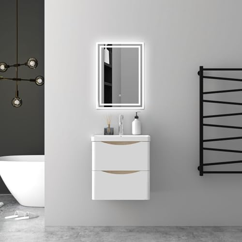 Biubiubath 50cm Bathroom vanity unit 3 Piece Set with washbasin and Anti-fog LED mirror with lights,design up with 2 large drawers,oak