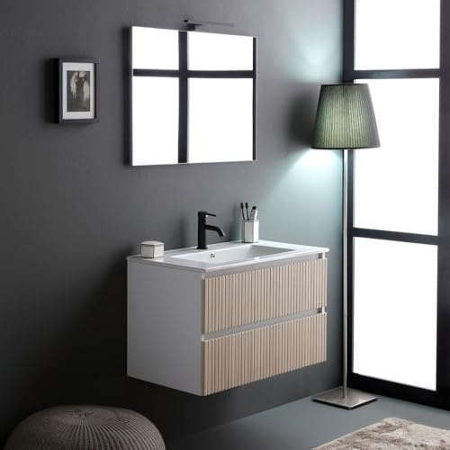 Kiamami Valentina - Mobile bagno sospeso 100cm bianco con cassetti cannettati rovere, lavabo e specchio 100x60 | Bilbao