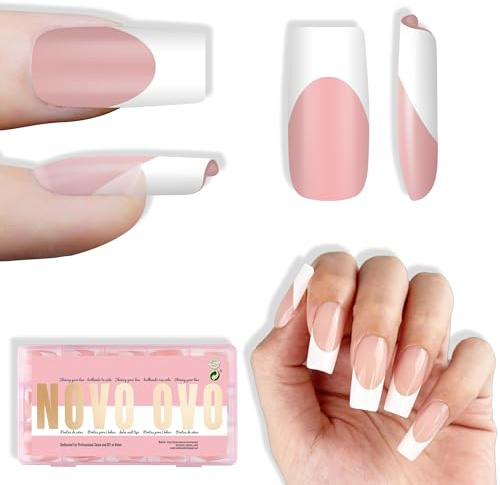 NOVO OVO White French Tip Square Nail Tips Press on BABY PINK, Extra dicke Quadratische Nagelspitzen, künstliche Nagelverlängerung aus Acryl, benötigt Aufbaugel Überlack für DIY, 15 Größen x 240 Stück