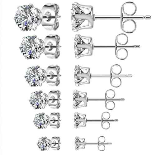 6 Pairs Hypoallergenic stud earrings for women - 3-8mm Surgical Steel with 5A Cubic Zirconia - stylish earrings perfect for various occasions and daily wear earings