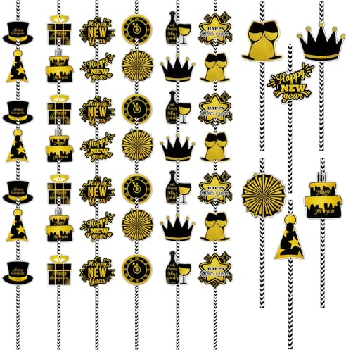 MFUOE 48Pieces New Year's Party Straws Black and Gold Straws Paper Holiday Party Decorations Perfect for Parties & Daily Use