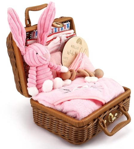 Set de Regalo de Pastel de Pañales para Bebé - Set de 9 Piezas para Recién Nacido con Conejito de Peluche Rosa y Sonajero de Madera - Regalo de Nacimiento en Caja de Bambú para Niños y Niñas