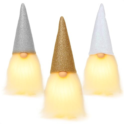 com-four® 3X Wichtel mit LED, Zwerg Aufsteller, schwedische Weihnachtsdeko | skandinavischer Zwerg mit Zipfelmütze