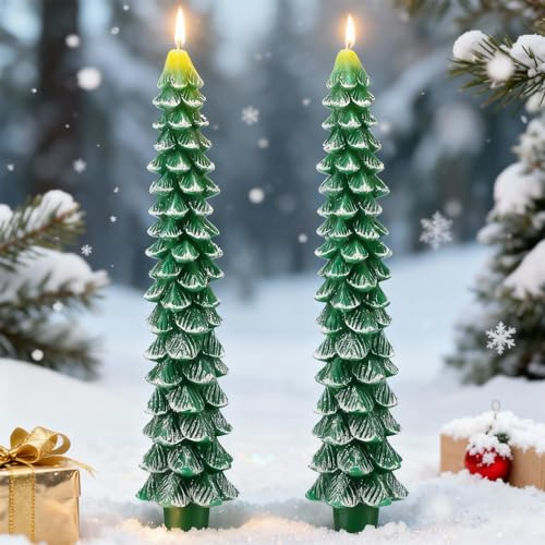 Christmas Tree Shaped Taper Candles, 9.84 Inch Unscented Tree Candle Decorative Christmas Candles for Dining Table Decor, Home Party, Festive Gift, New Year Celebration, 2PCS, Green with White Trim