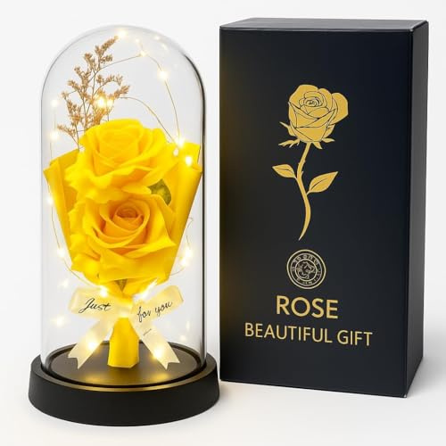Rosa Eterna con Luci LED sotto Cupola Trasparente – Idea Regalo Romantica per San Valentino, Anniversario, Festa della Mamma,regalo e Compleanni – Decorazione Elegante per Casa (Giallo 2)