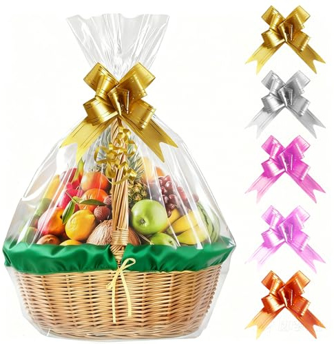 5 Pieces Clear Gift Basket Bags, 70 x 100 cm Cellophane Film, 5 Flower Ribbon, Empty Gift Basket Set pour Saint Valentin, Gift, Baskets, Flowers, Crafts Gift, Wrapping, Anniversaire, Mariage