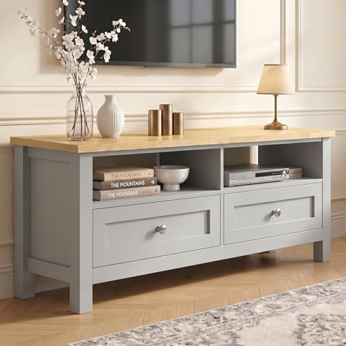 Blisswood TV Unit for 40–50 Inch TVs, Painted Wooden TV Stand & Console with 2 Drawers & 2 Open Shelves, 120cm Entertainment Unit Cabinet for Living Room Bedroom, Space Saving (Grey)