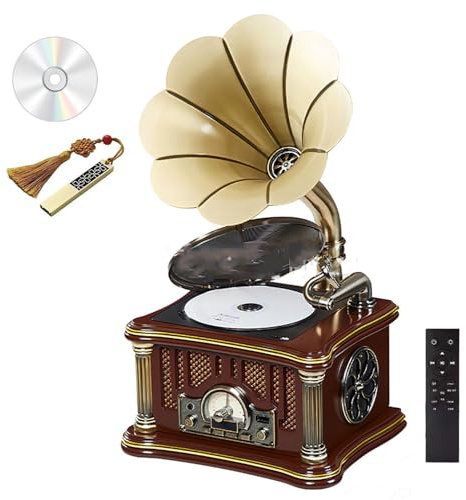 Giradischi vintage con lettore CD, grammofono portatile con telecomando, scatola in legno massello, suono surround per la decorazione domestica