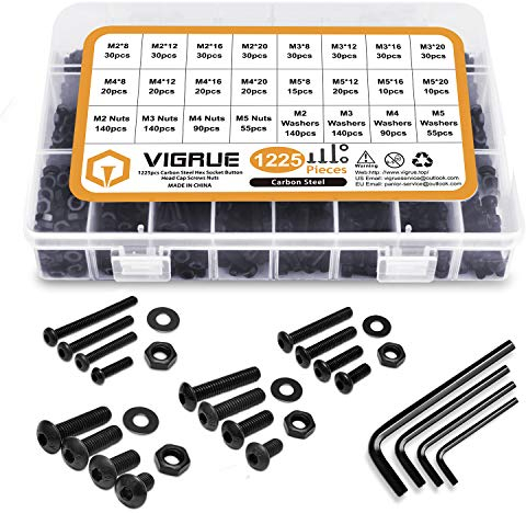1225 teilig Zylinderschrauben aus Kohlenstoffstahl M2 M3 M4 M5 Linsenkopf Innensechskant Gewindeschrauben Set mit Muttern Unterlegscheiben und Innensechskantschlüsseln in Sortimentskasten von VIGRUE