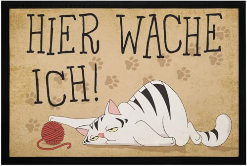 MoonWorks® Fußmatte Katze mit Spruch Hier wache ich Pfoten-Abdrücke rutschfest & waschbar Schwarz 60x40cm