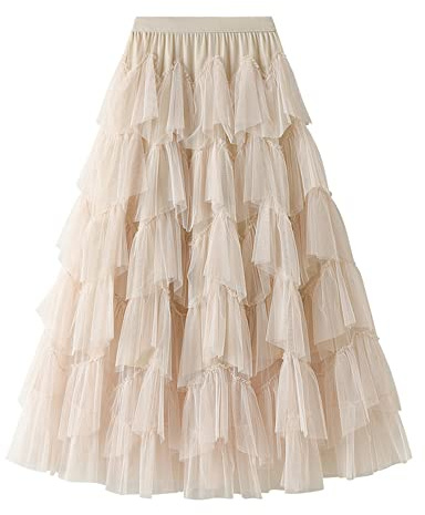 Dirholl Women's A-Line Fairy Patterned Elastic Waist Ruffle Tulle Layered Midi Skirt Tutu Apricot