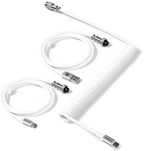 MAMBASNAKE C04 USB-C-Spiralkabel für Mechanische Tastaturen, Custom 2 In 1 Aviator Cable – USB A auf Typ C und Typ C auf Typ C Kabel, Double Sleeved Federladekabel mit 5-Pin Fliegerstecker – Weiß