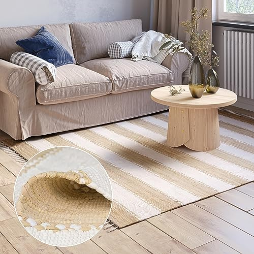 MY-RUG Chindi Fleckerlteppich 60 x 110 cm - Beige Weiß gestreift, handgewebt, recycelte Baumwolle als Flickenteppich und Wendeteppich, moderner Kelim Teppich Aarav