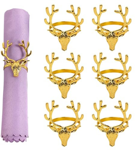 6Pzs Servilleteros Individuales Navideños de Aleación de Reno, Set de Hebillas para Servilletas Festivos para Decoracion de Mesa Navidad, Esenciales para Fiestas (Dorado)